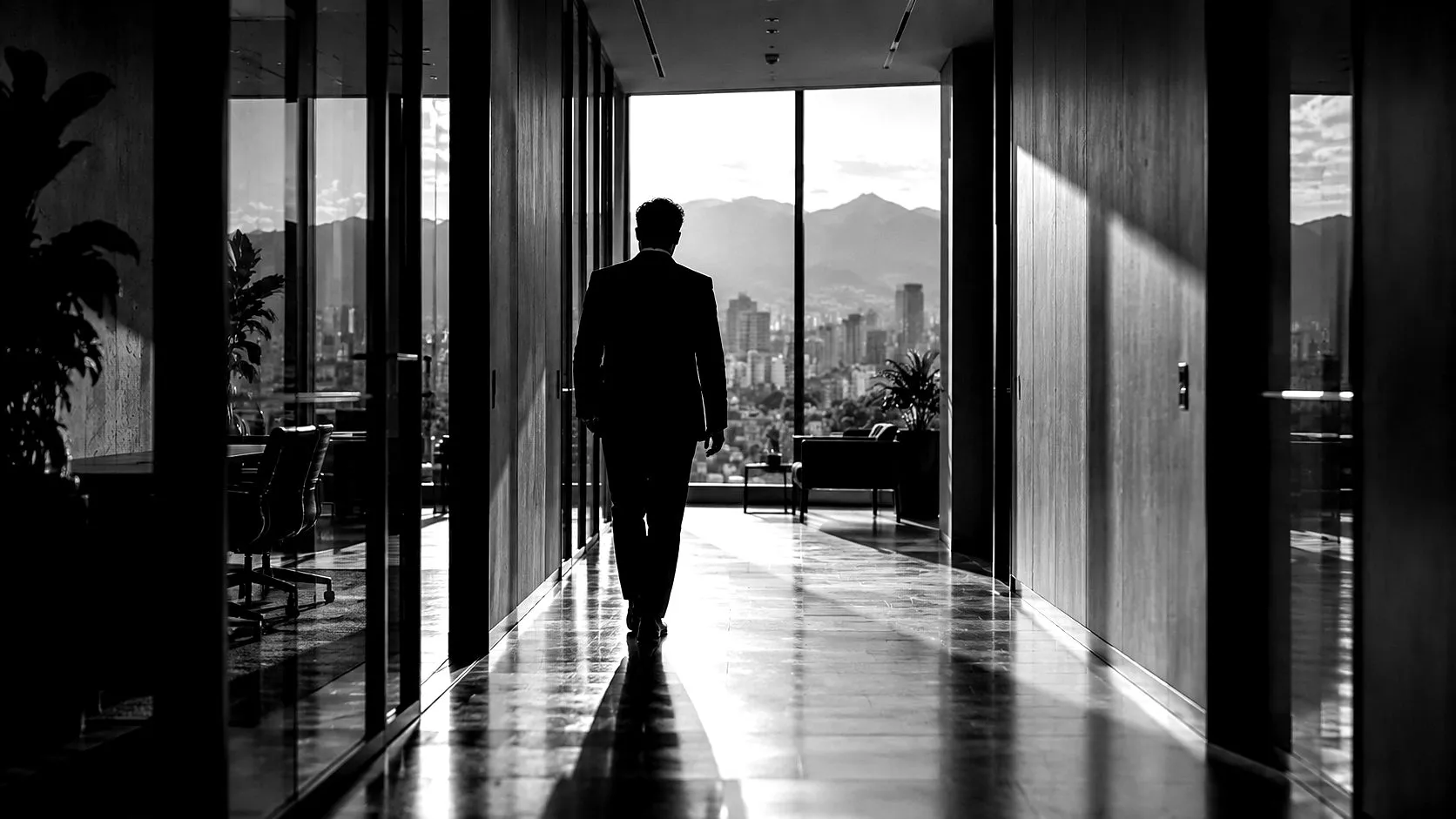 Una persona camina por un pasillo de oficina hacia una ventana, a contraluz.