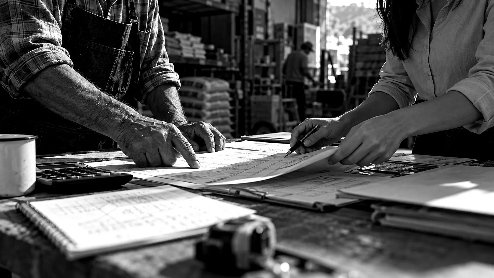 Las manos de una persona mayor y las de una joven revisan documentos sobre un banco de trabajo.