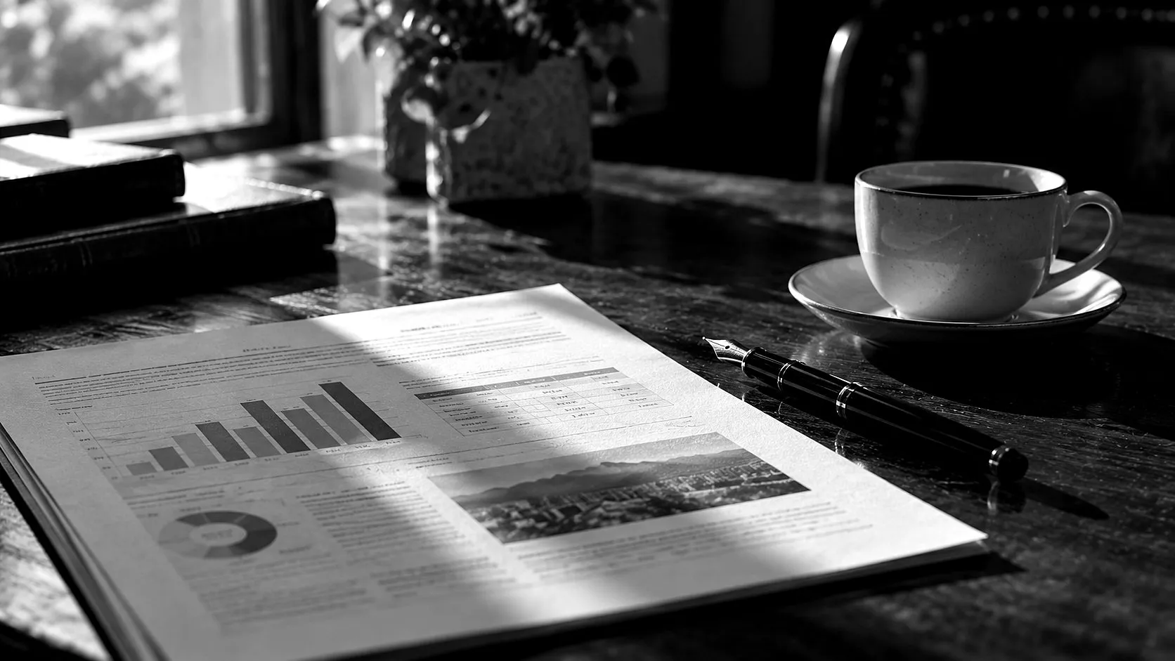 Un documento impreso con gráficas, una pluma y una taza sobre un escritorio de madera oscura.