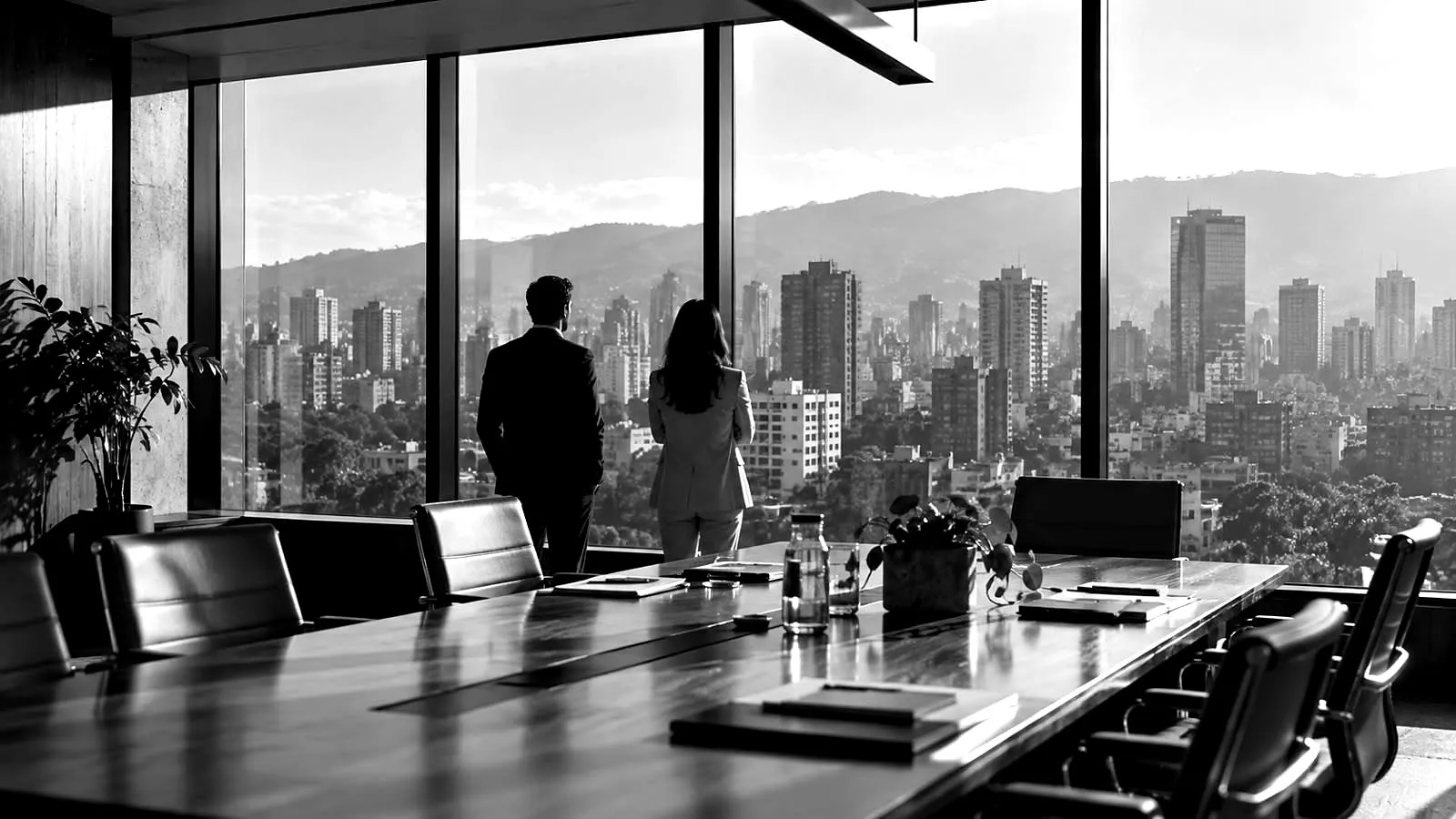 Dos personas de espaldas frente al ventanal de una sala de consejo, con la ciudad al fondo.