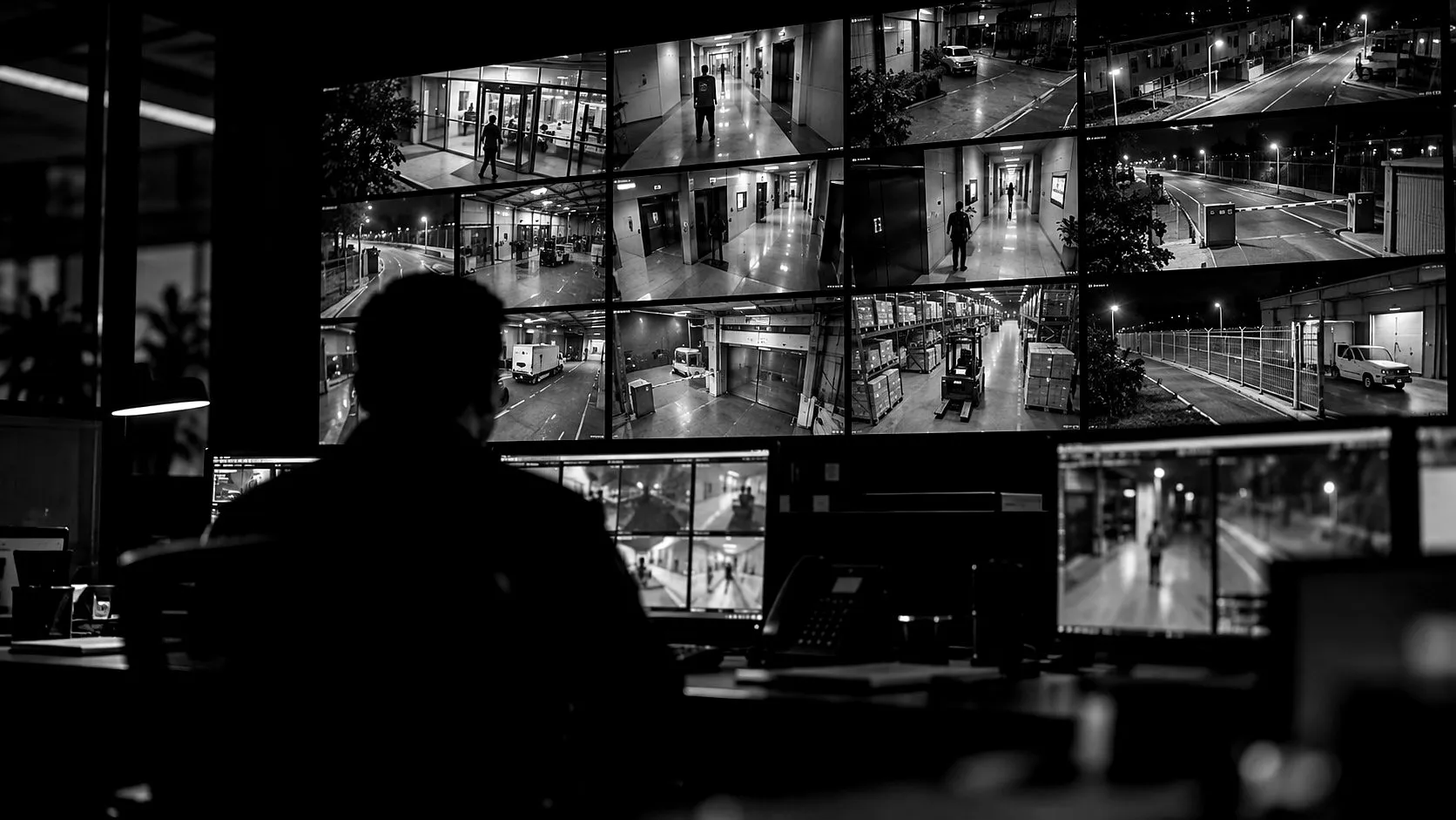 Centro de monitoreo con una pared de pantallas de videovigilancia y un operador de espaldas.