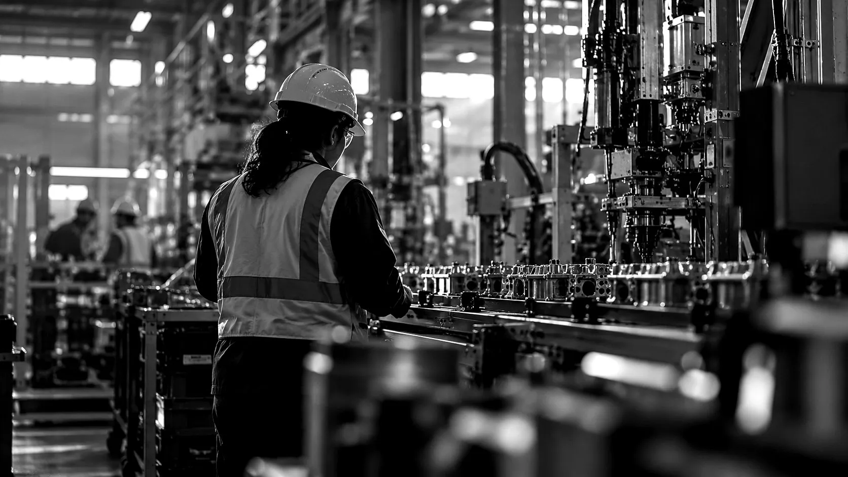 Interior de una planta de manufactura en operación, con un operario de espaldas junto a la línea de producción.