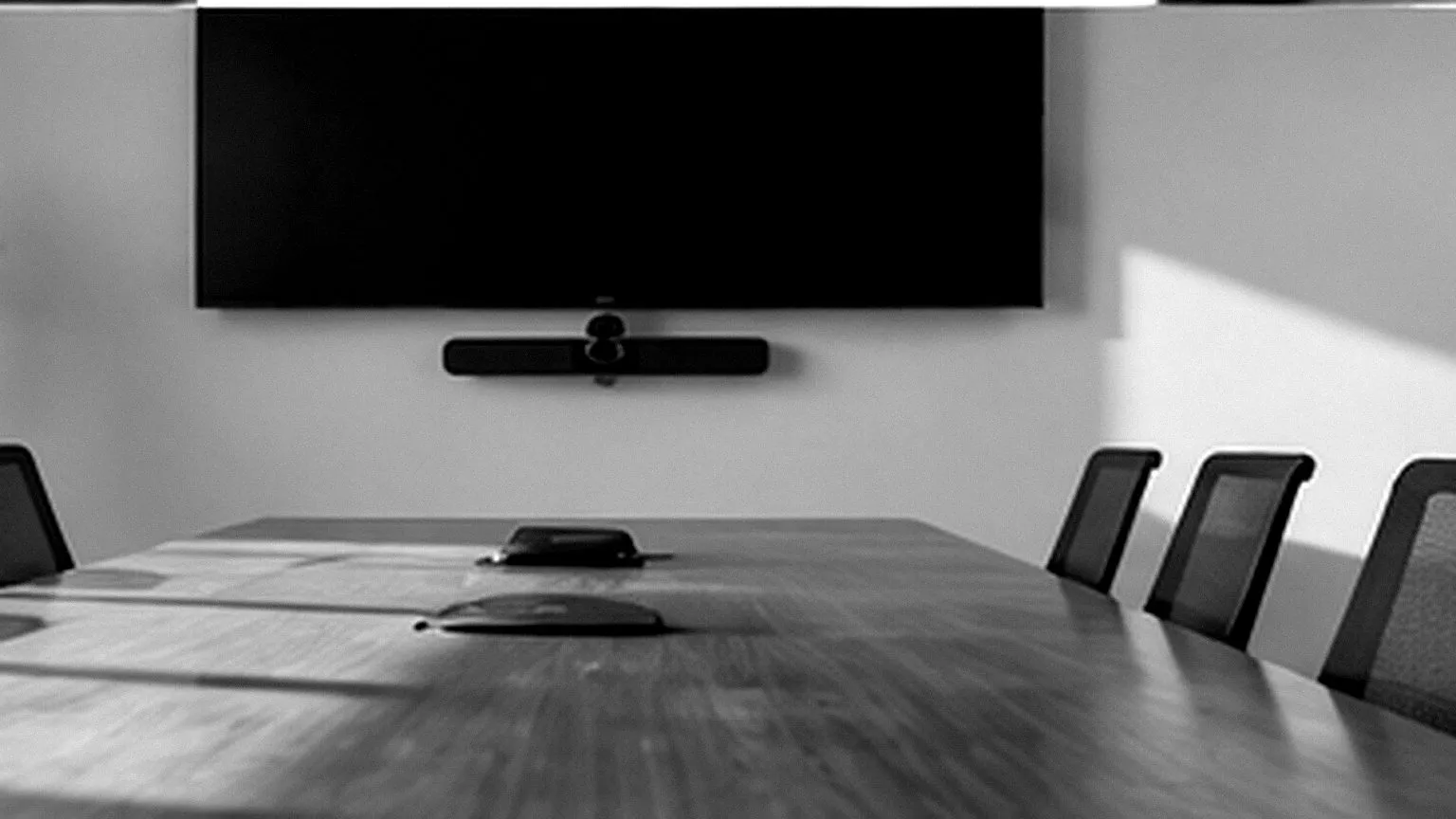 Sala de juntas moderna y vacía, con una pantalla grande y una cámara de videoconferencia.